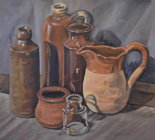 Still life, Bottle, jars and jug