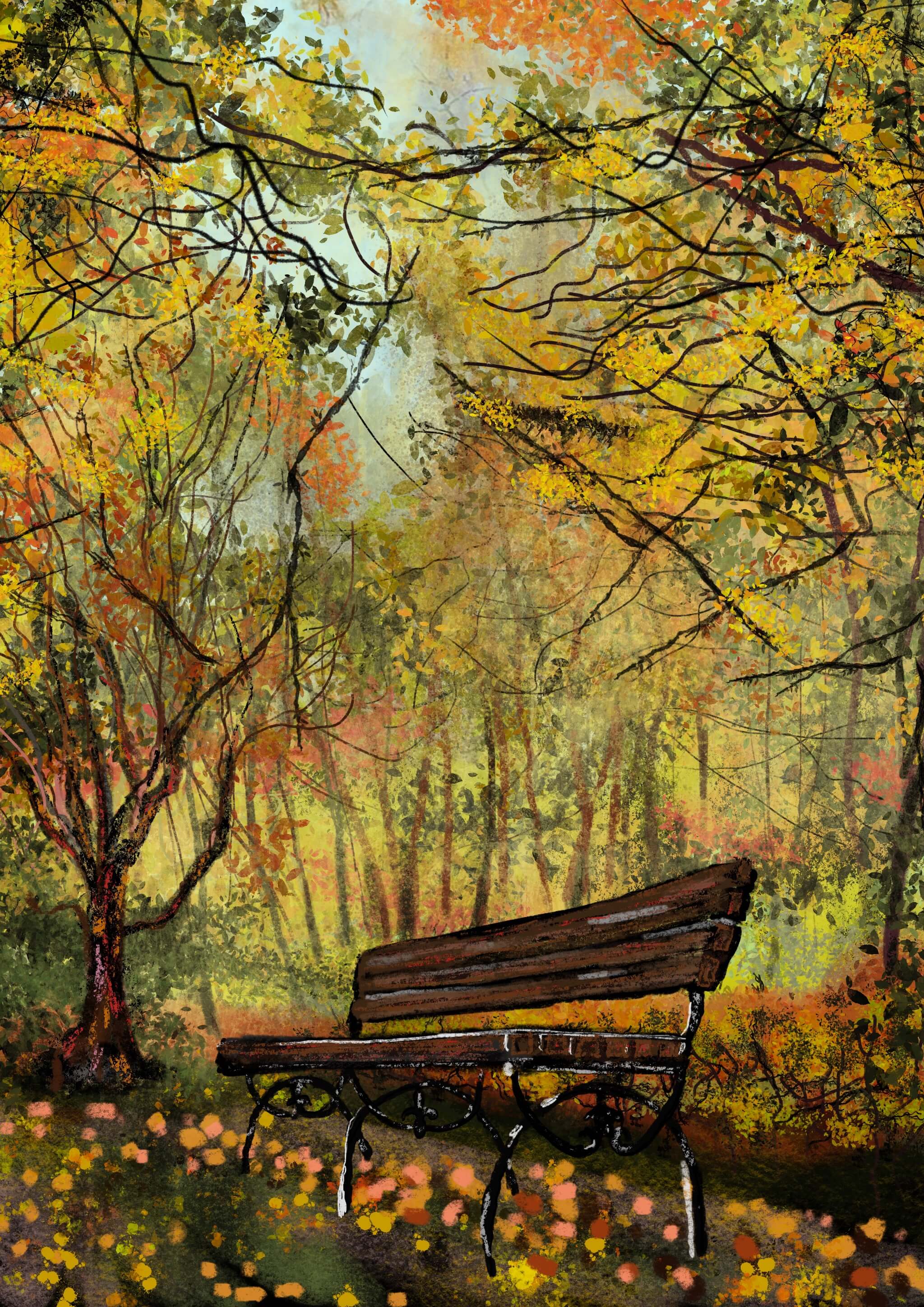 Autumn reflections- bench in the woods